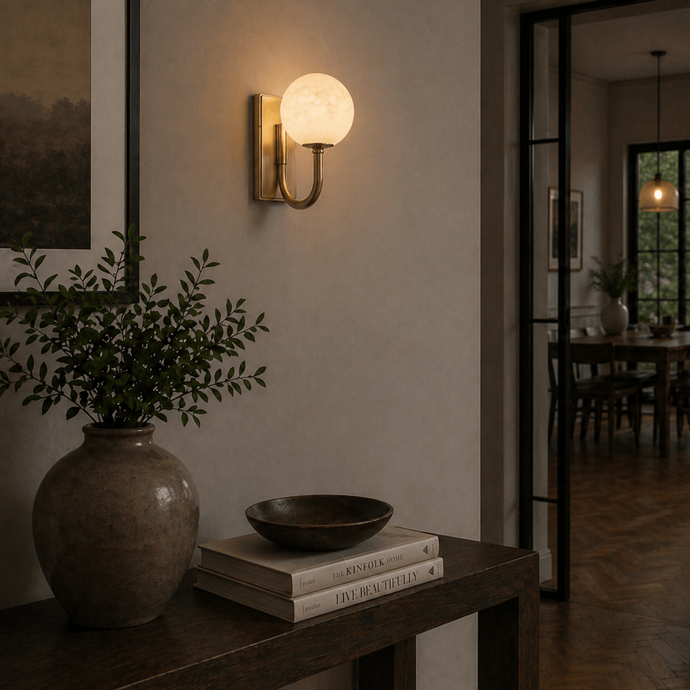 Alabaster Globe Wall Light — Satin Brass after dark