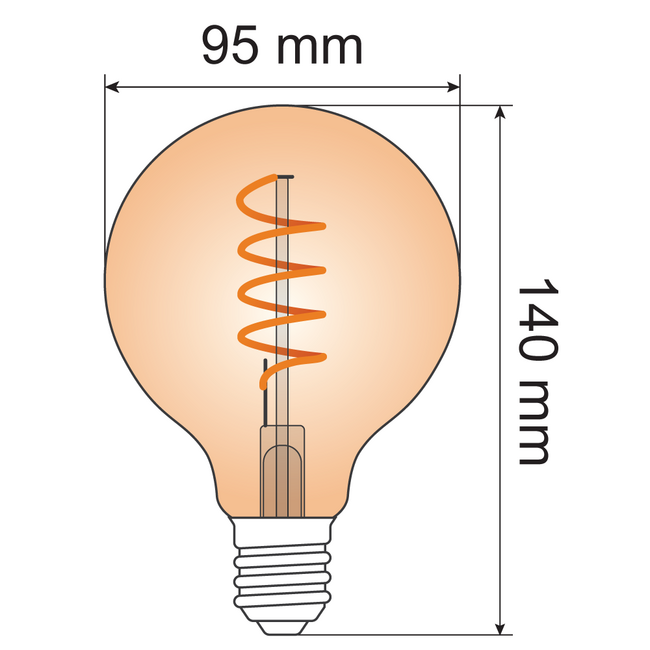 Dimensions for Lumara XL E27 LED Spiral Filament Amber Glass Bulb — Dimmable, Very Warm White