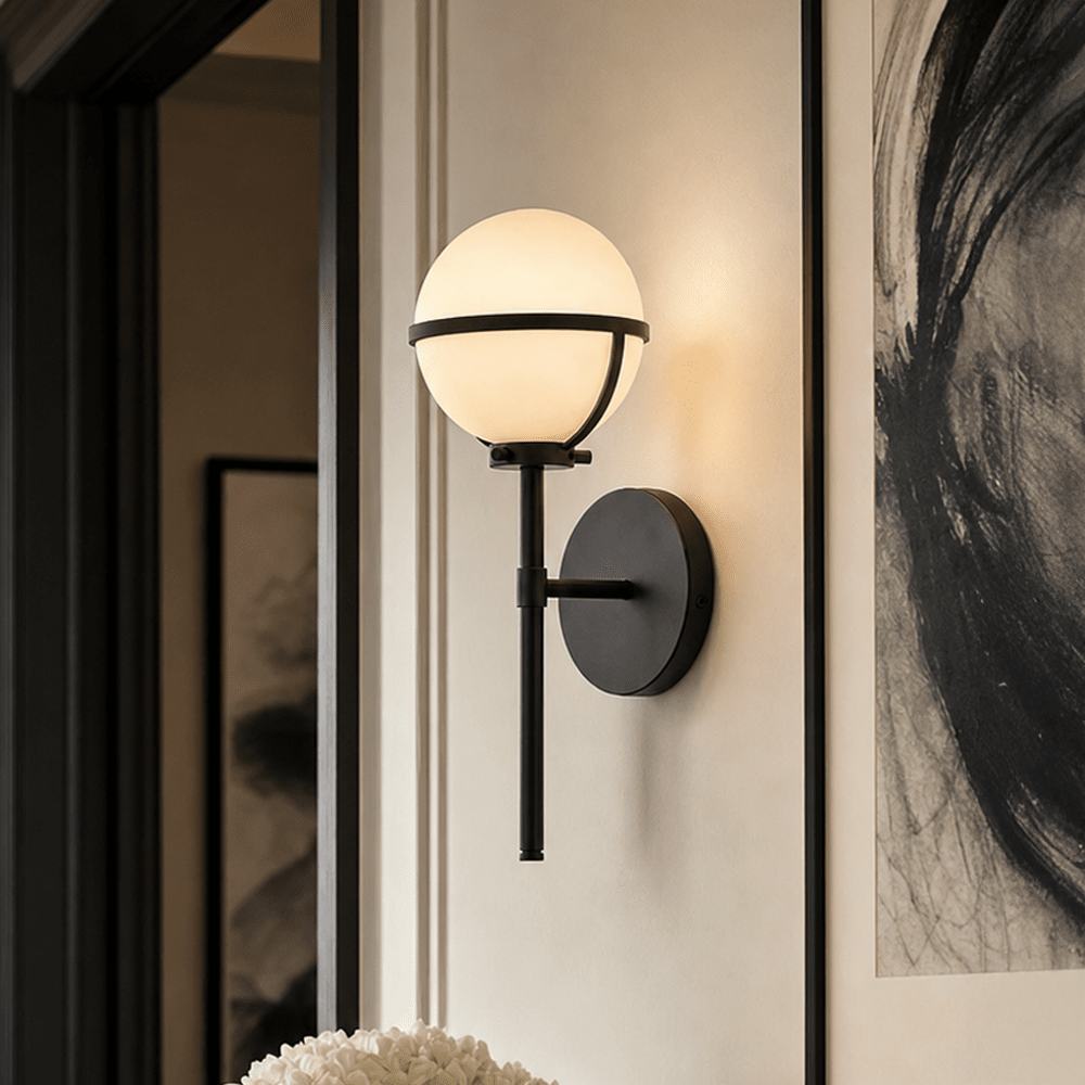 Nancy Orb Bathroom Wall Light — Black, Frosted Glass detail