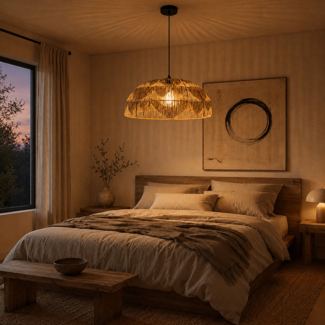 How Alpa Two-Tone Rattan Dome Pendant — Natural & Charcoal, 66cm lights a room