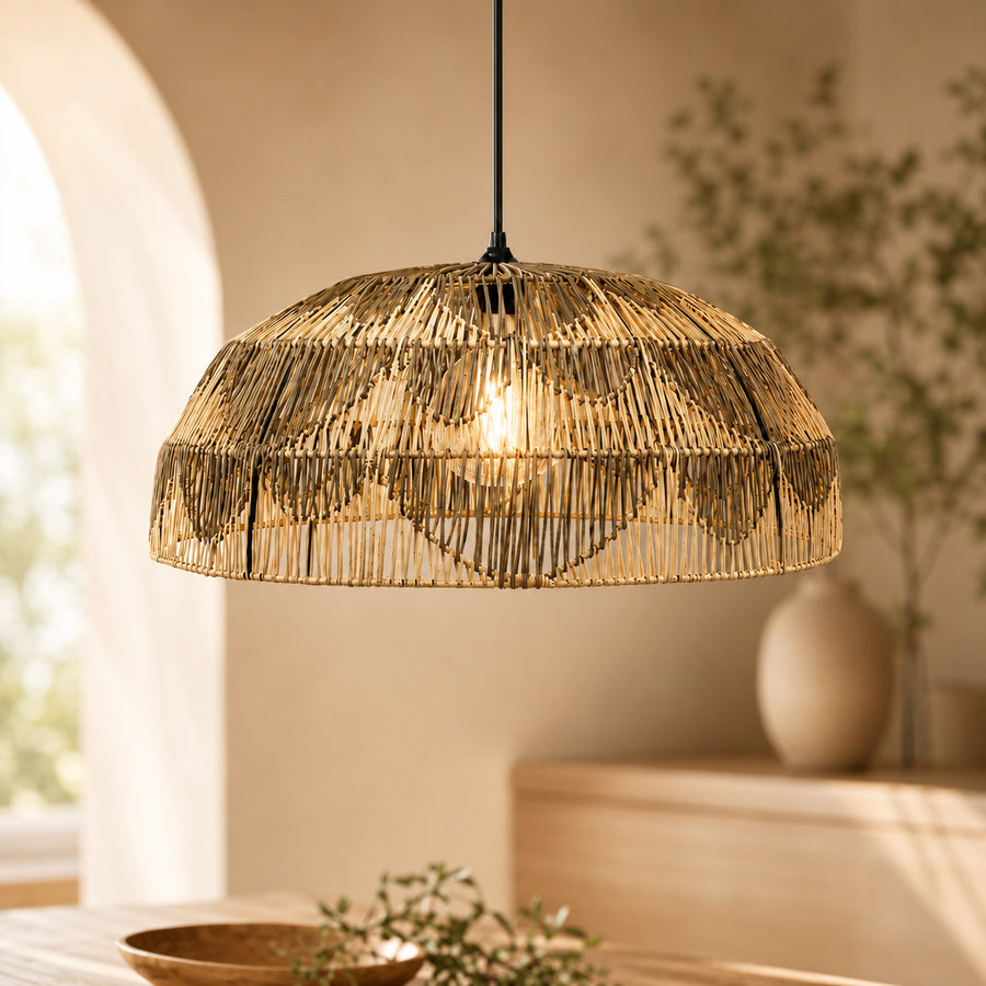 Alpa Two-Tone Rattan Dome Pendant — Natural & Charcoal, 66cm