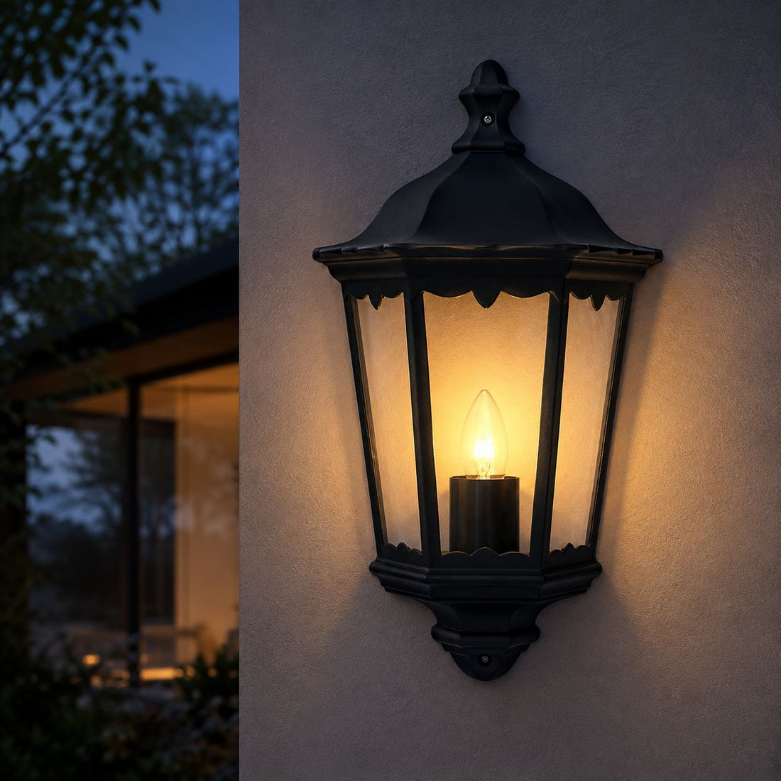 How Corben Half Lantern Outdoor Wall Light — Matt Black, IP44 lights a room
