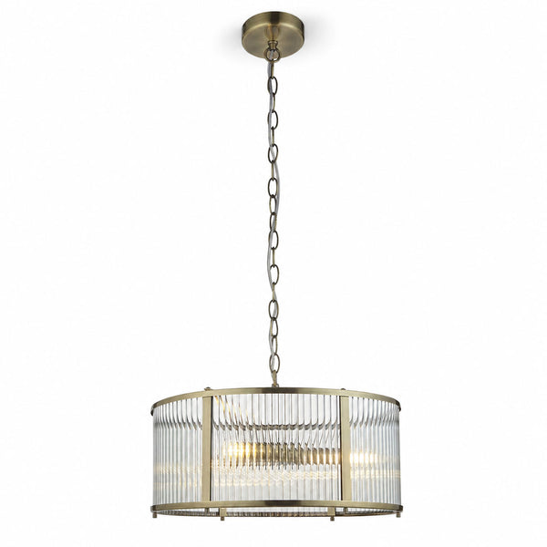 Halo 3-Light Ribbed Drum Pendant — Glass, Antique Brass