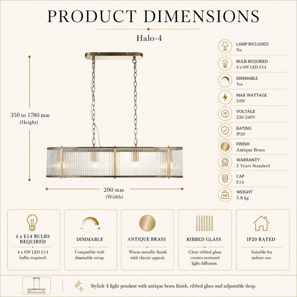 Dimensions for Halo 4-Light Linear Ribbed Pendant — Glass, Antique Brass