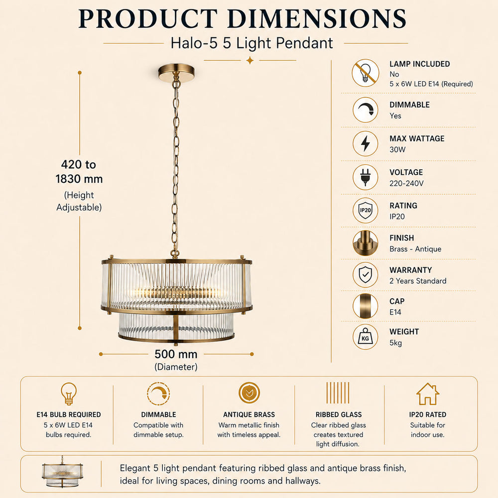 Dimensions for Halo 5-Light Ribbed Drum Pendant — Glass, Antique Brass