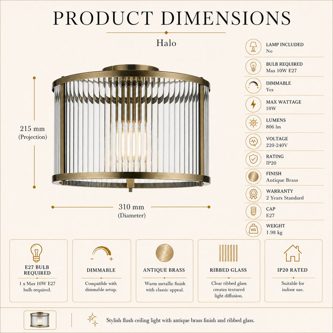 Dimensions for Halo Flush Ribbed Light — Glass, Antique Brass