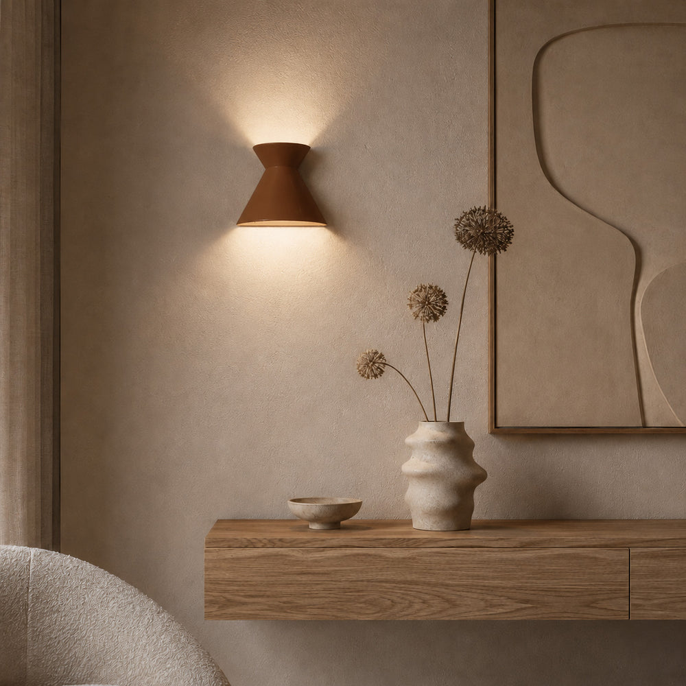 Kiro Ceramic Wall Light — Russet Brown, Large after dark