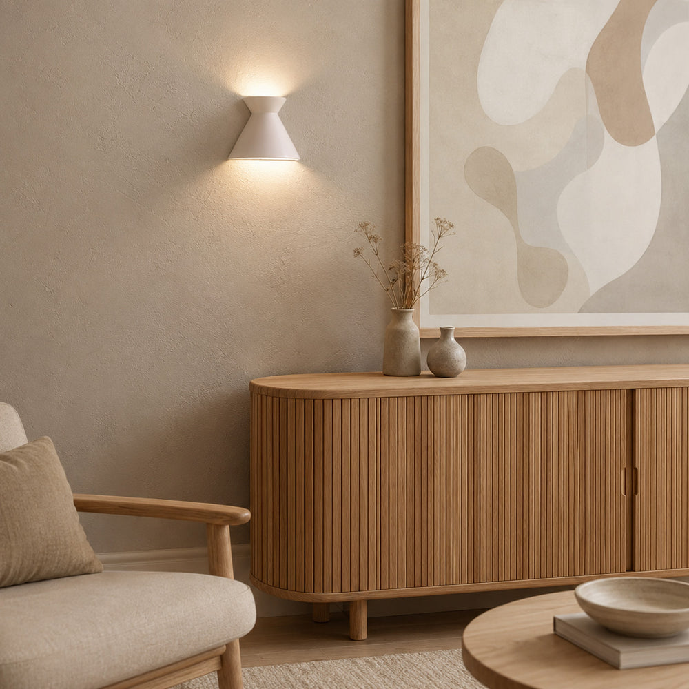Kiro Ceramic Wall Light — Shell White, Small after dark