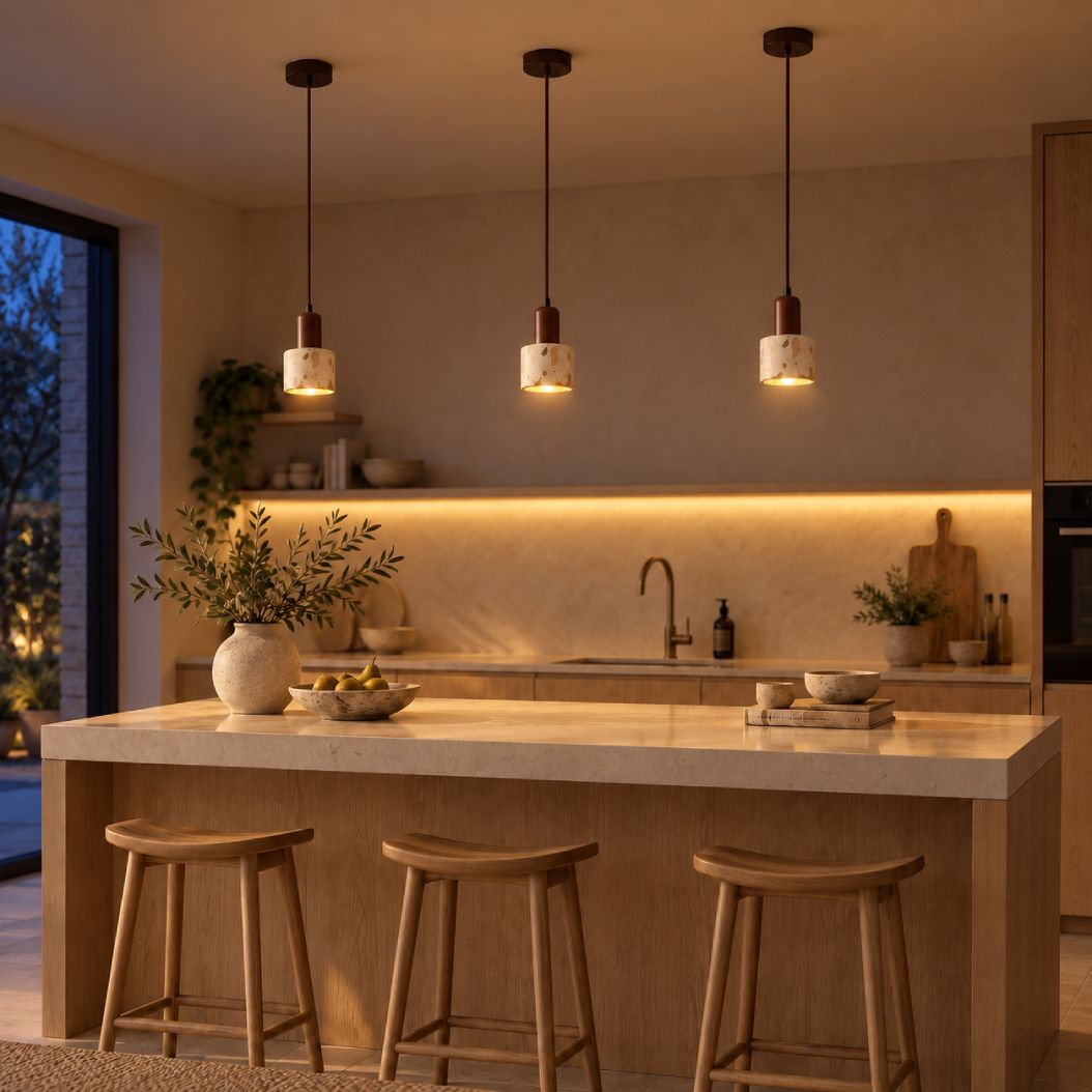 How Koto Terrazzo & Wood Pendant Light — Brown lights a room