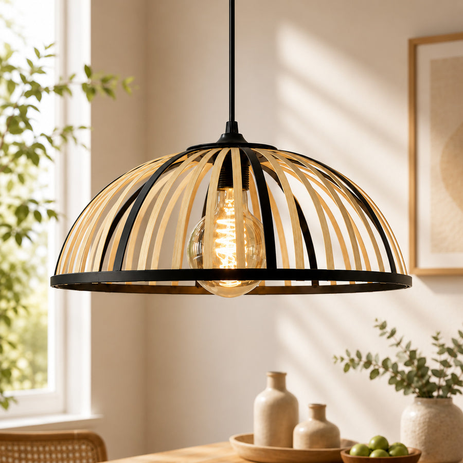 Perna Bamboo & Black Metal Pendant — Natural Slat, 40cm