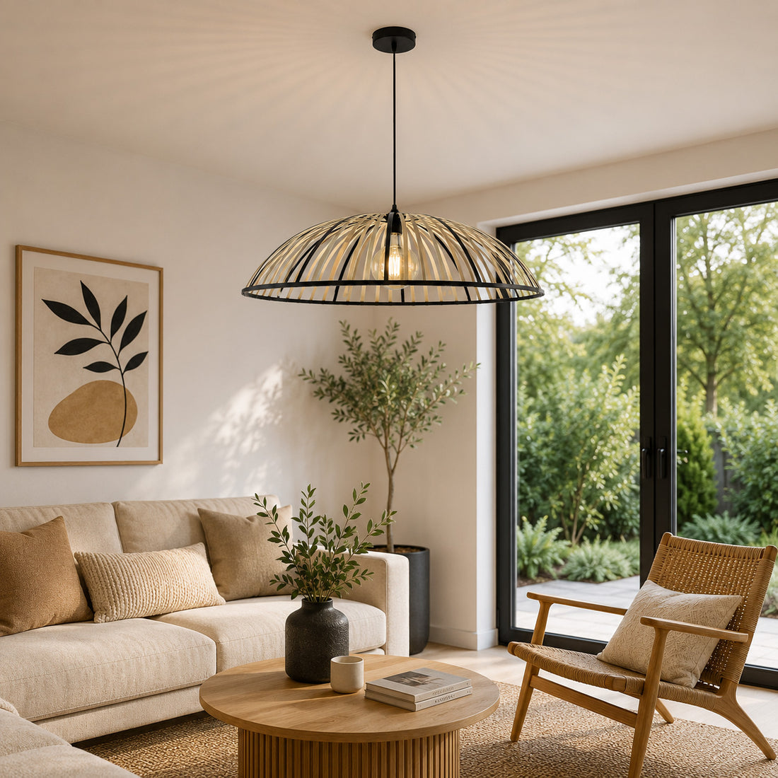 Perna Bamboo & Black Metal Pendant — Natural Slat, 80cm