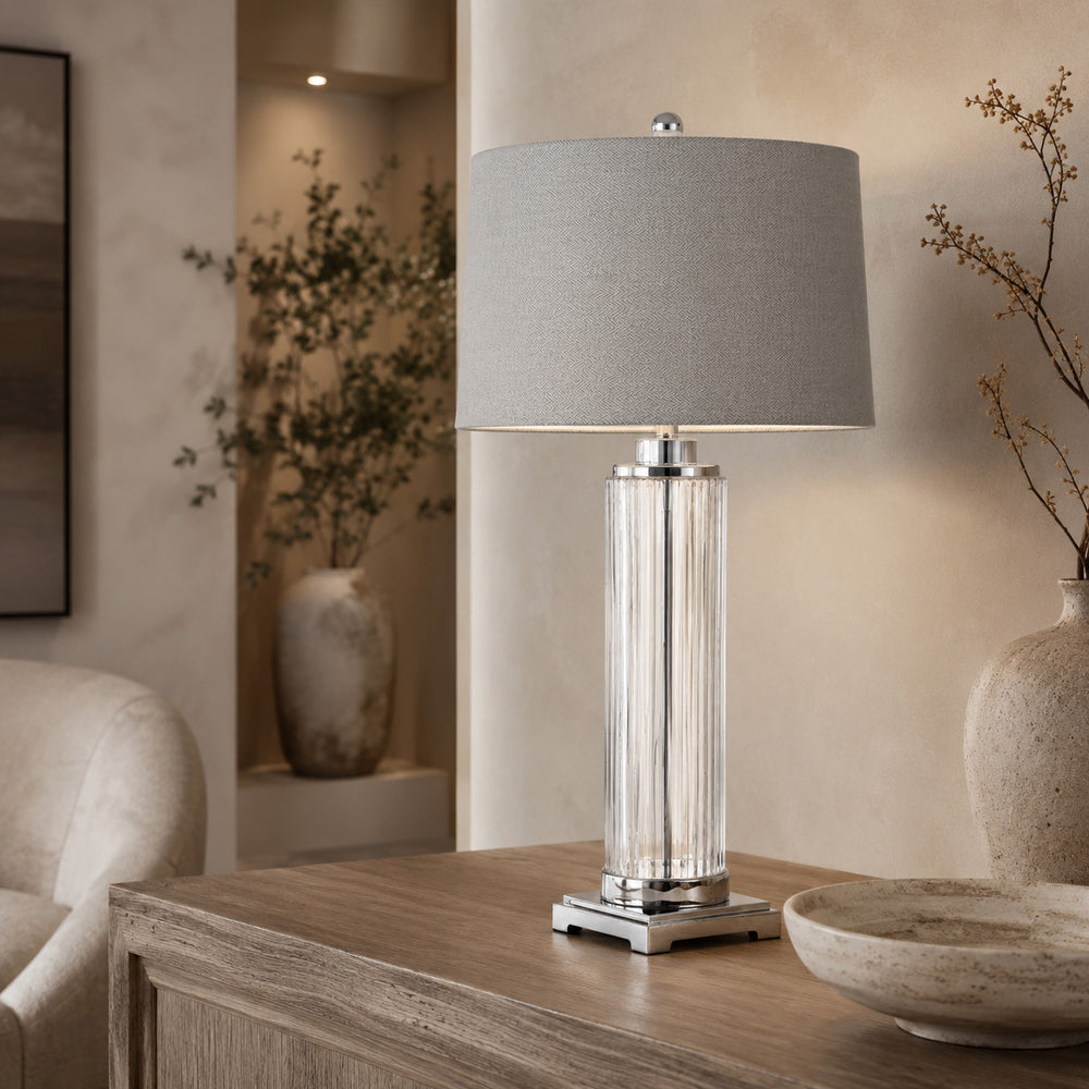 Roma Glass Table Lamp — Fluted Glass & Chrome, Herringbone Shade in a room