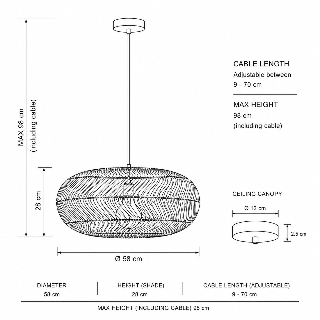 Dimensions for Rosco XXL Woven Rattan Pendant Light — Multi-Colour, 58cm