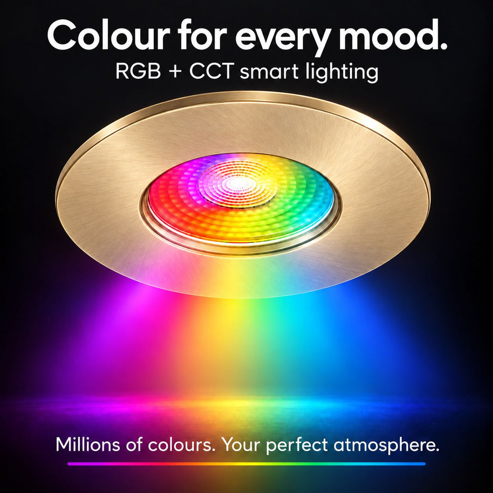Creo Smart RGB Fire Rated Downlight — Antique Brass, IP20 in a room