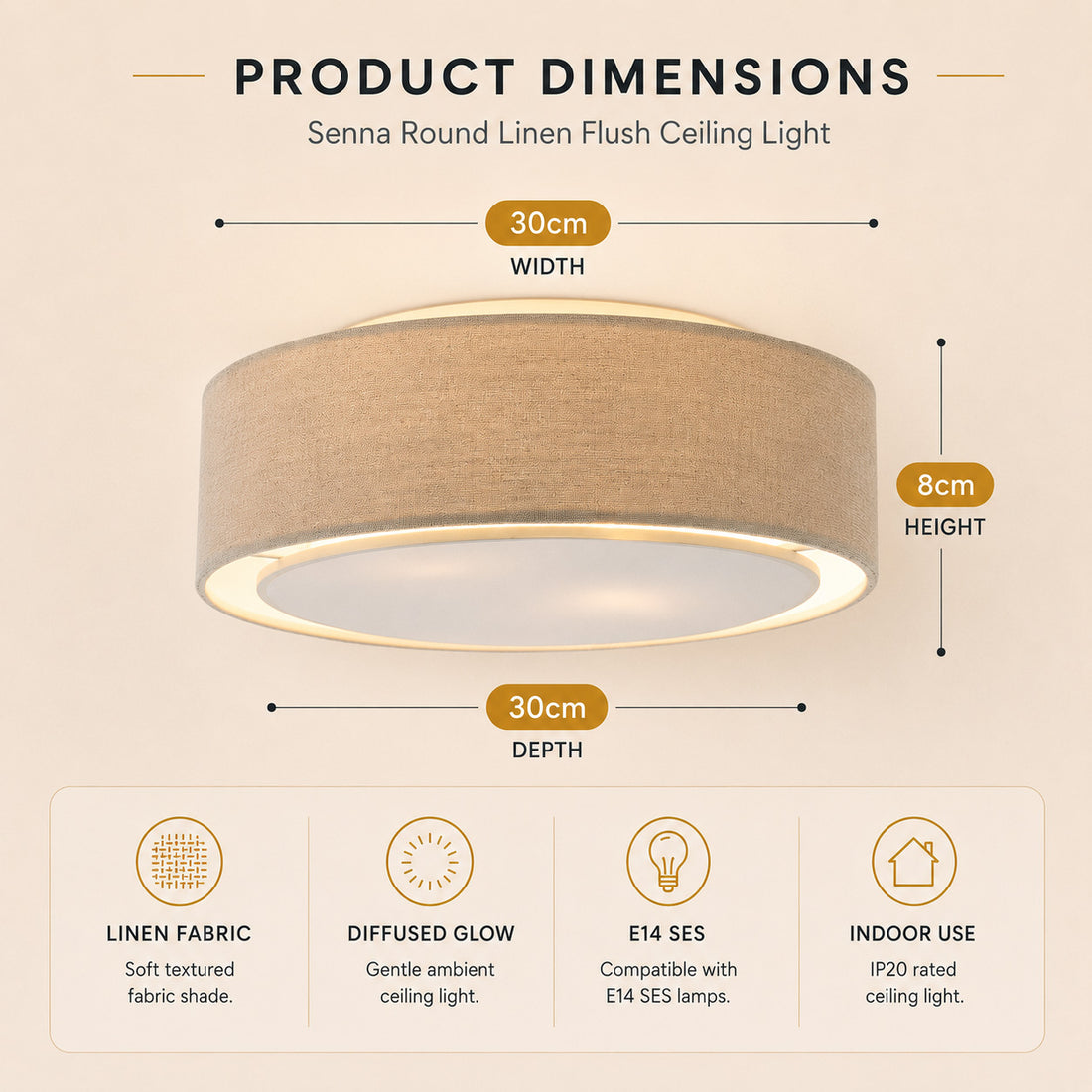 Dimensions for Senna Round Linen Flush Ceiling Light — Dove Grey
