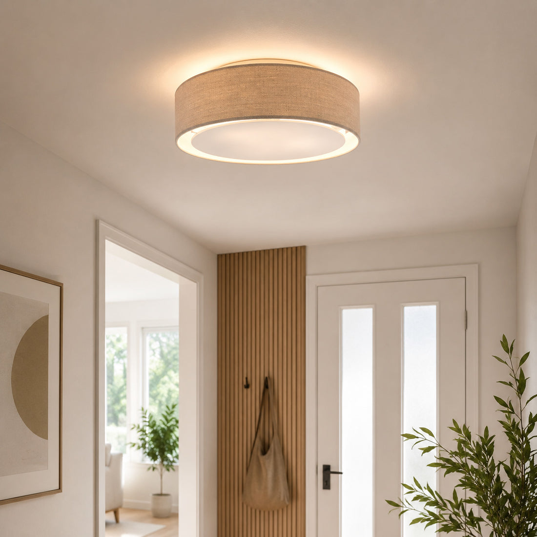 How Senna Round Linen Flush Ceiling Light — Dove Grey lights a room