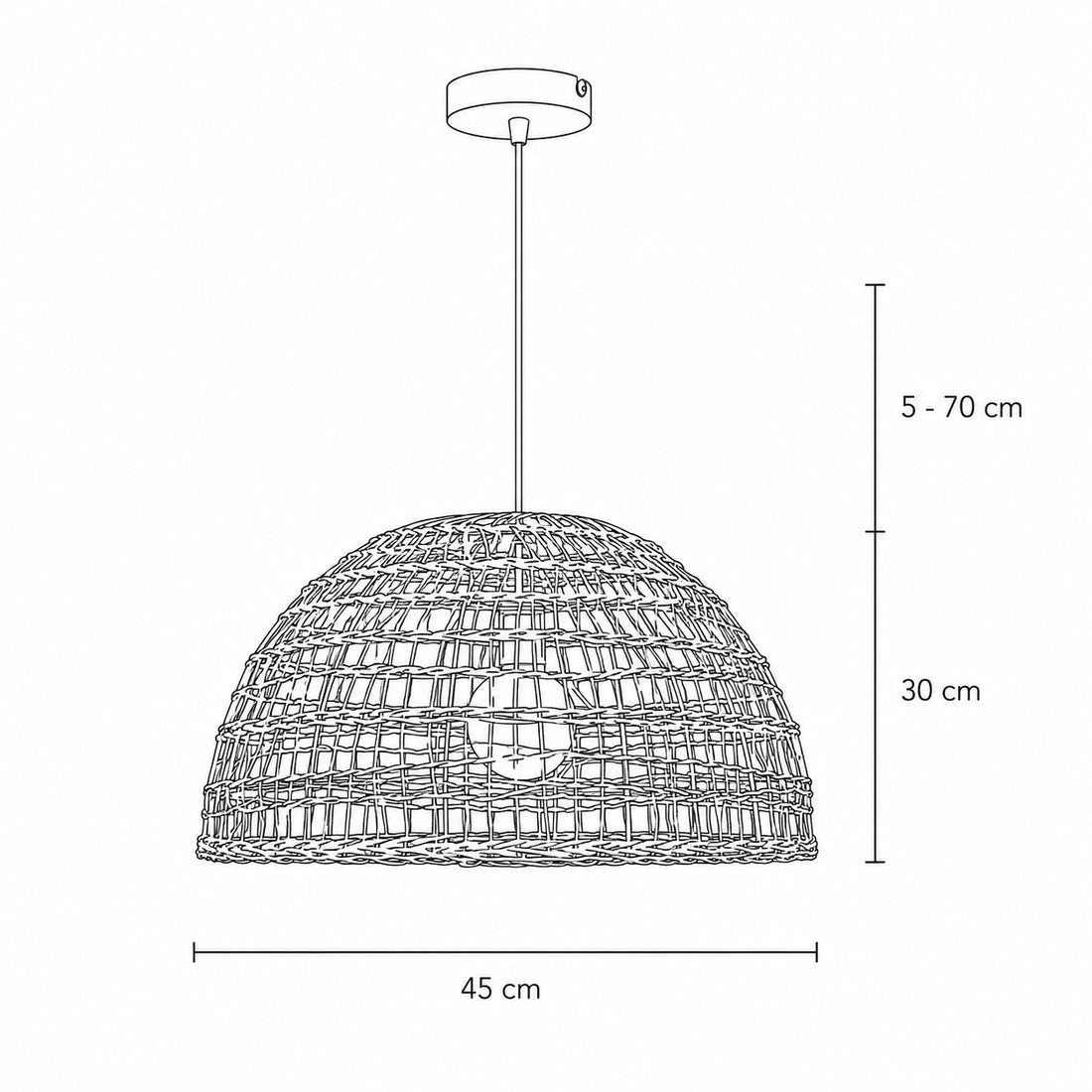 Dimensions for Tuzo Rattan & Metal Pendant Light — Natural Woven, 45cm