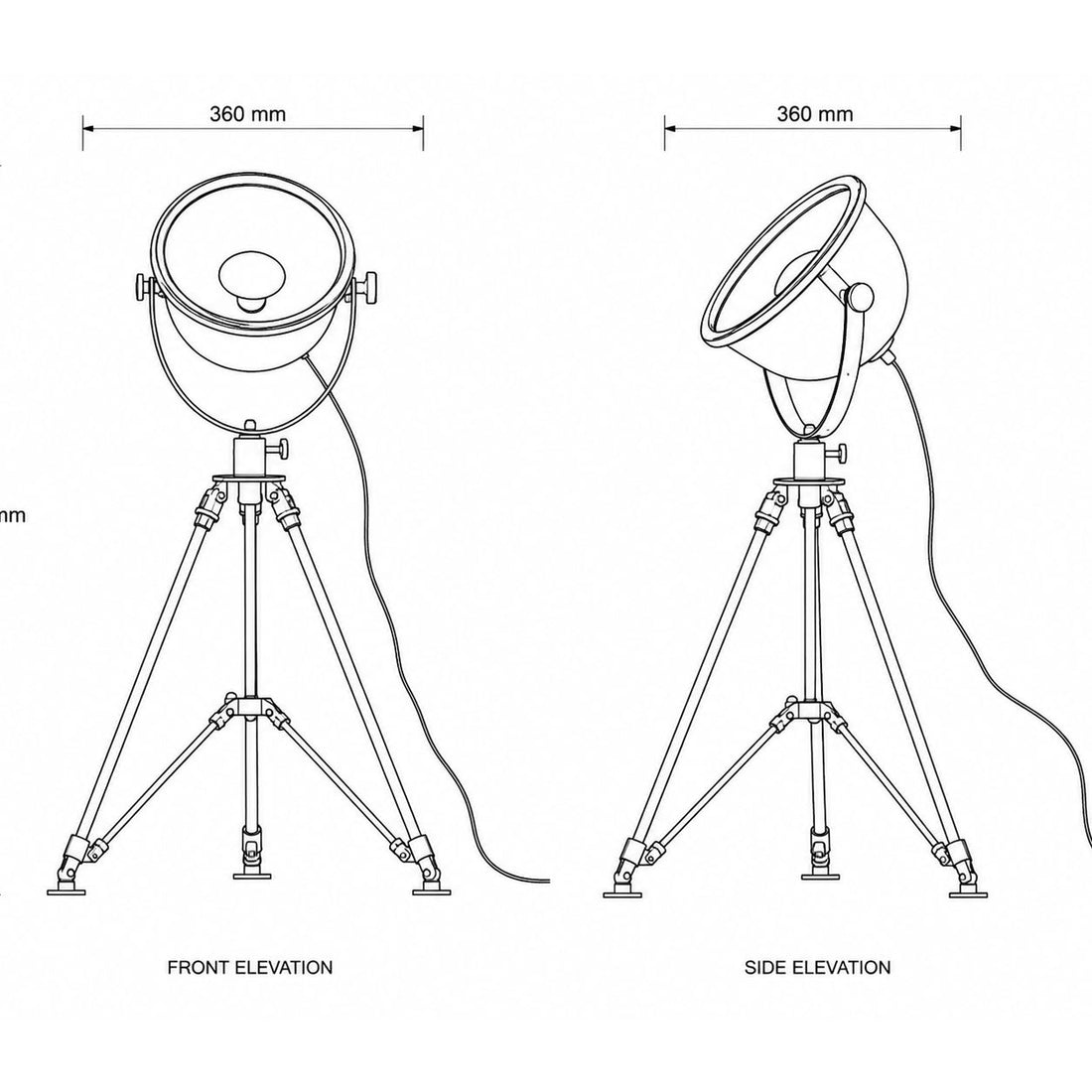 Dimensions for Valen Tripod Table Lamp — Black & Brass, Large