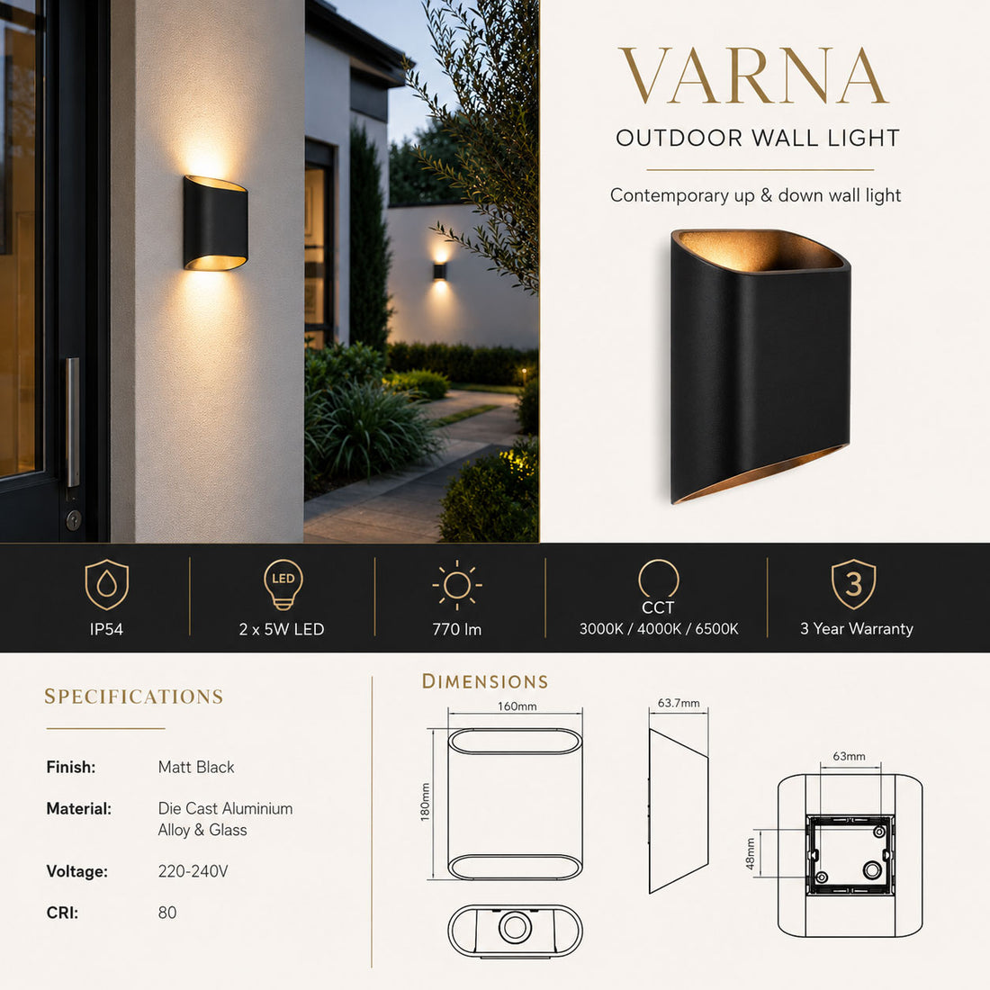 Dimensions for Varna Modern Up/Down Outdoor LED Wall Light — Aluminium, Matt Black