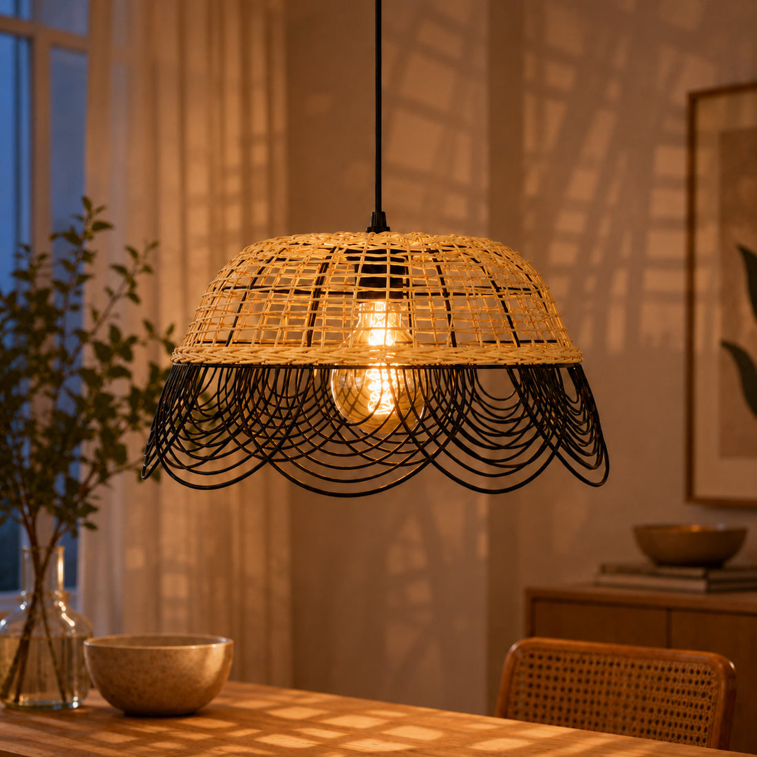 How Vitang Rattan & Black Metal Pendant — Two-Tone Petal, 41cm lights a room