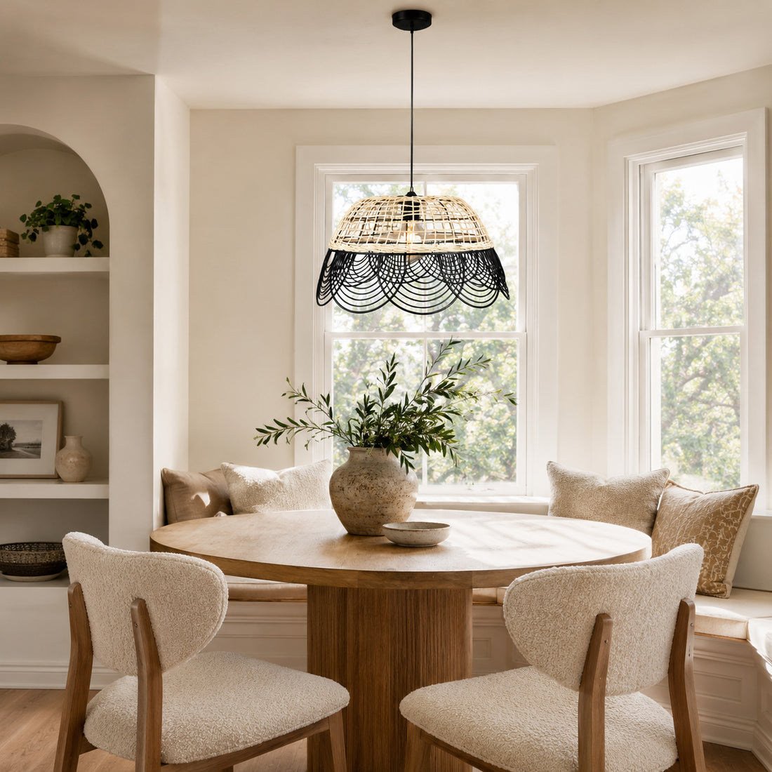 Vitang Rattan & Black Metal Pendant — Two-Tone Petal, 41cm