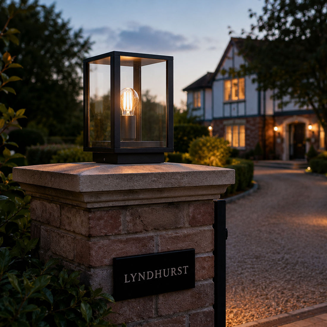 Sem Glass Panel Post Aluminium Lantern — Black