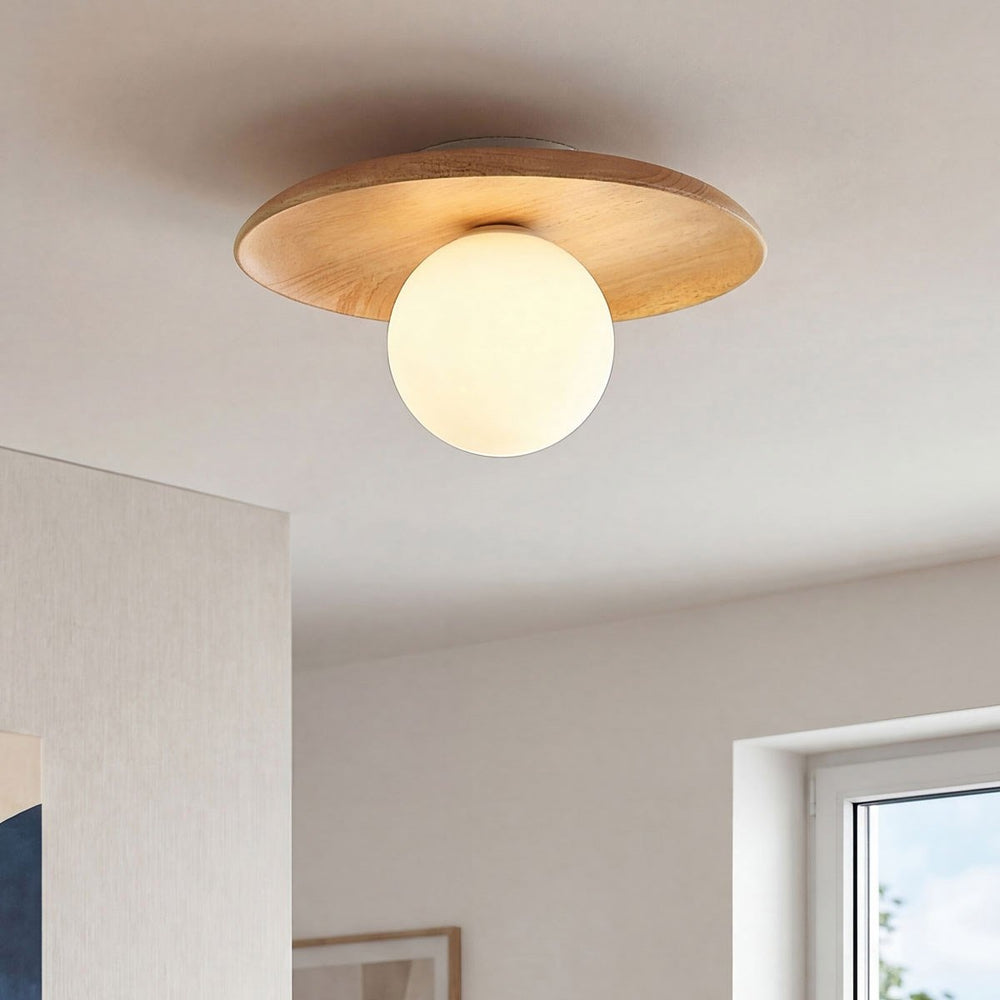 Ludo Wood & Opal Glass Ceiling Light — Light Wood in a room