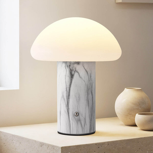 Nila white rechargeable mushroom table lamp 24cm glowing on bedside table