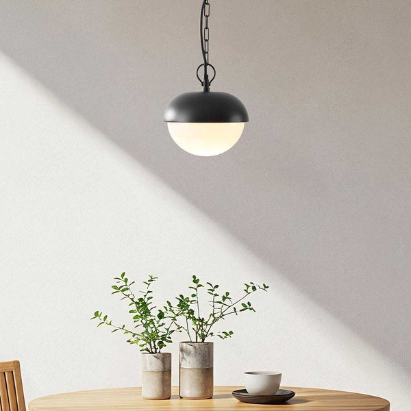 Dale black opal globe outdoor pendant light hanging from porch ceiling