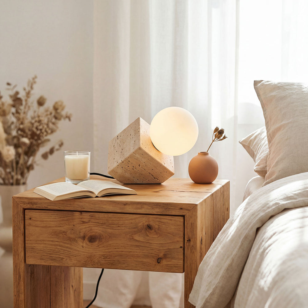 Sand beige and white detail on Isla Travertine Globe Table Lamp — Sand Beige