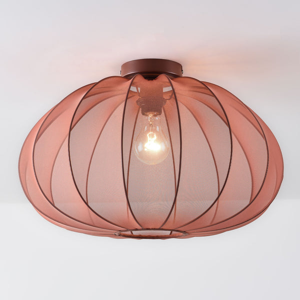 Amaro terracotta pink fabric ceiling light 50cm diameter hanging from white ceiling