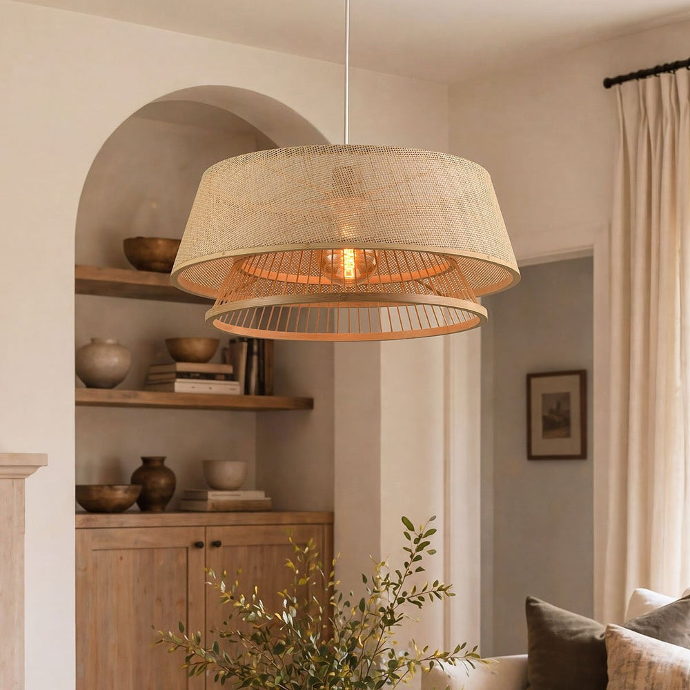 White and natural detail on Tamo Woven Bamboo Pendant Light — Natural, 50 cm