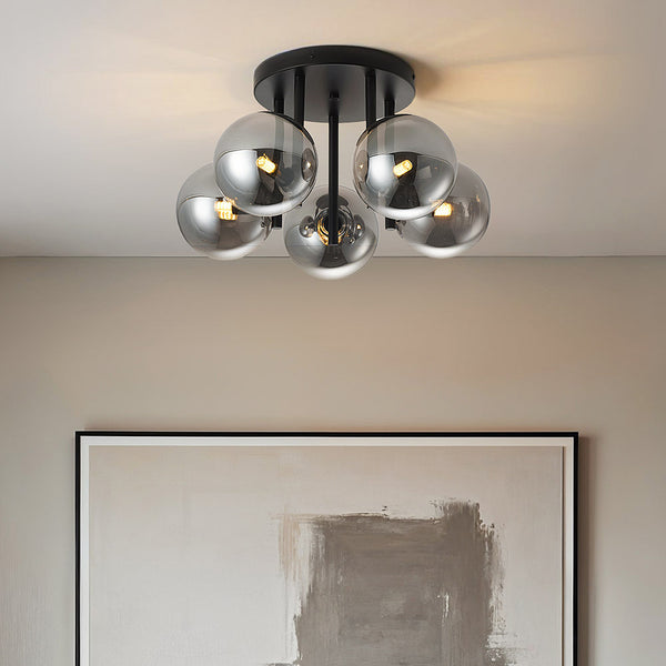 Noir five-light black ceiling light with smoked glass globes suspended from metal frame