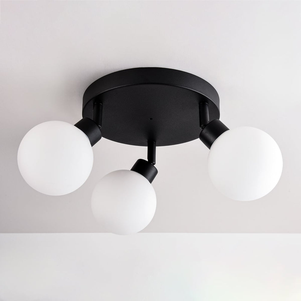 Black with opal white glass detail on Otto Adjustable Triple Spot Ceiling Light — Black & Opal Glass, IP44