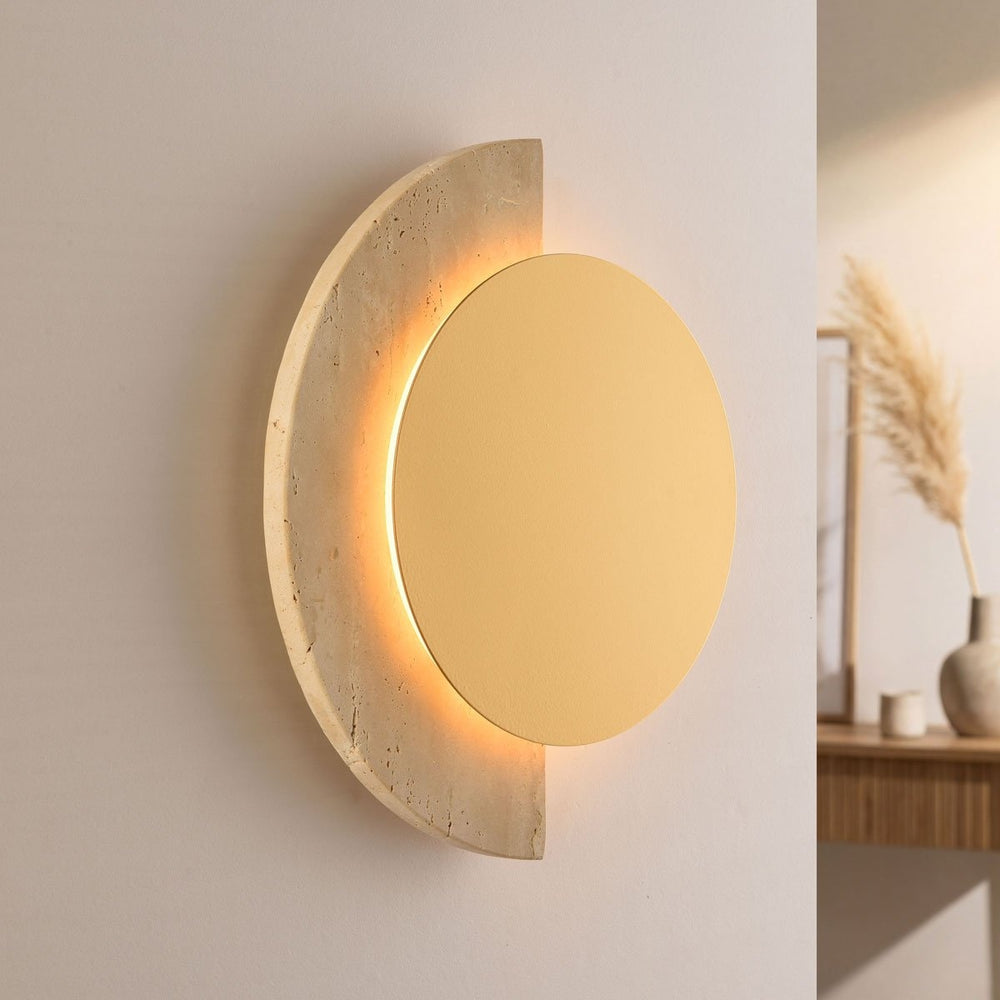 Gold and sand beige detail on Gilda LED Travertine Wall Light — Gold & Sand Beige