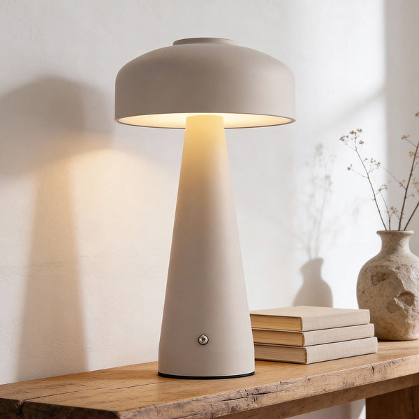 Momo taupe rechargeable mushroom table lamp with soft ambient glow
