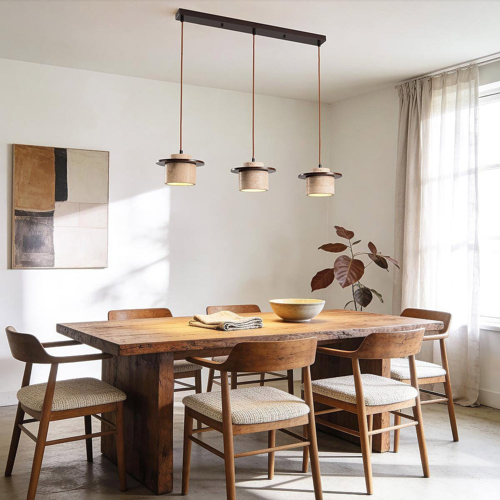 Dark brown and travertine beige detail on Hoshi Travertine & Wood Pendant Light — 3 Lights
