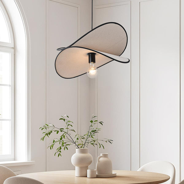 Suki white linen pendant light with black trim 50cm diameter hanging in modern dining room
