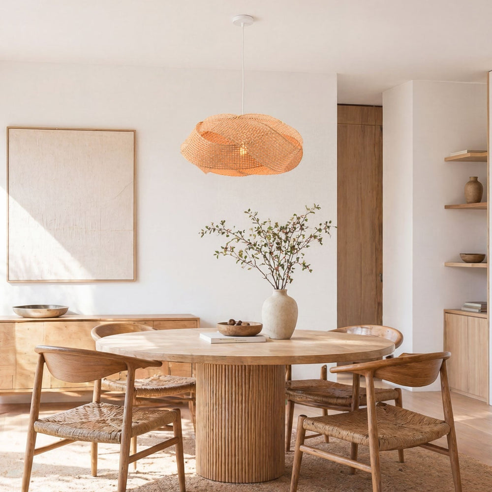 White and natural detail on Kumi Woven Bamboo Pendant Light — Natural, 55 cm
