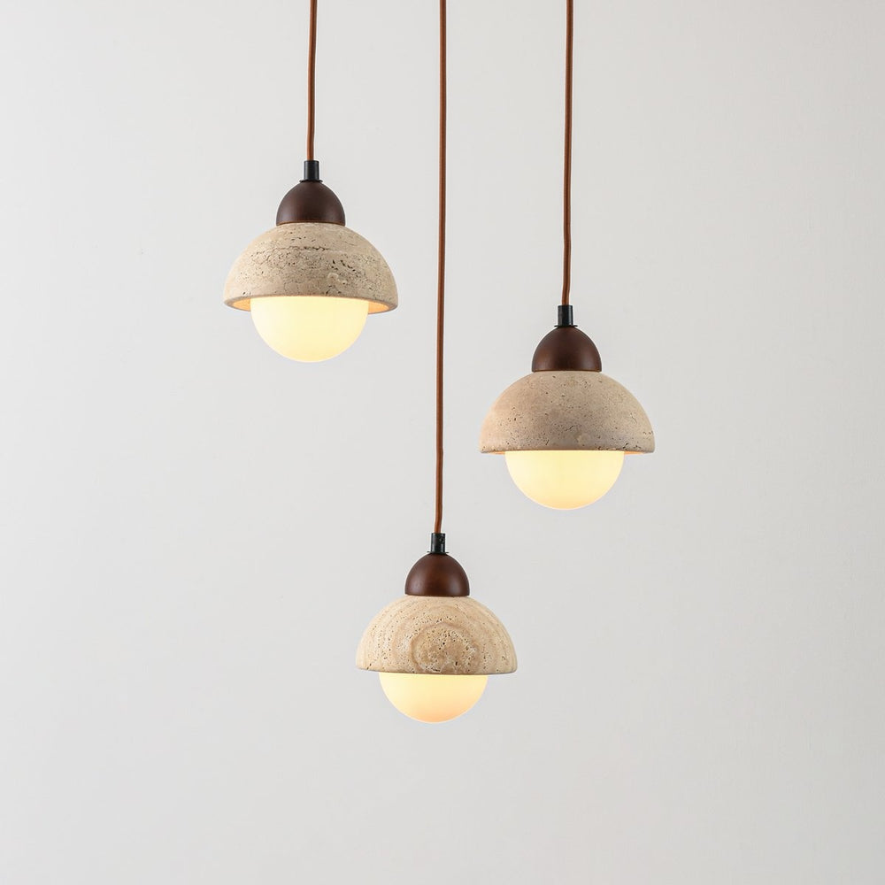 Sabbia Travertine & Glass Pendant Light — 3 Lights, Round after dark