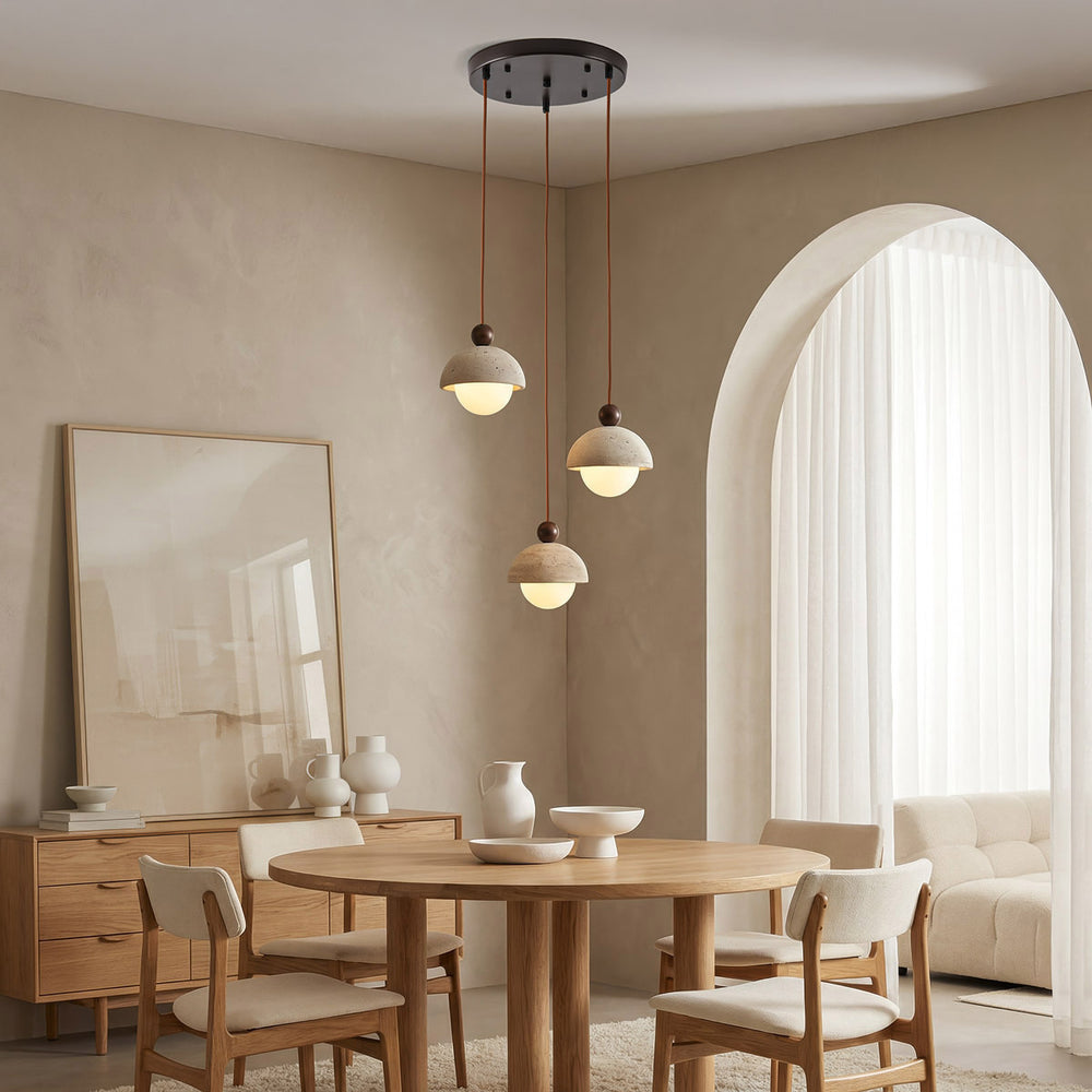 Opale Travertine & Opal Glass Pendant Light — 3 Lights in a room