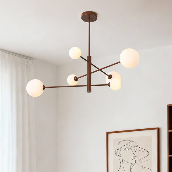 Sesto six-light ceiling light with opal glass globes and brown iron frame