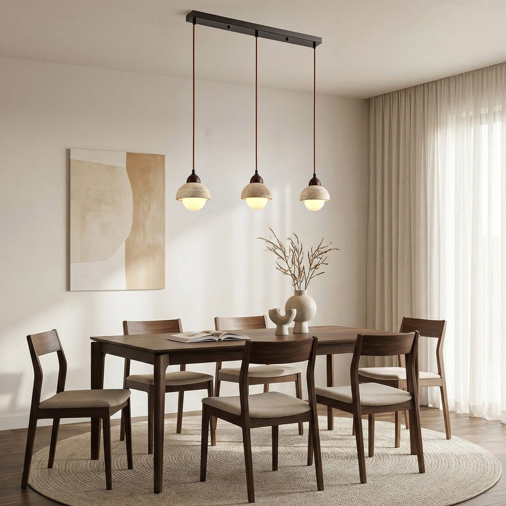 Dark brown and sand beige detail on Sabbia Travertine & Glass Pendant Light — 3 Lights, Linear