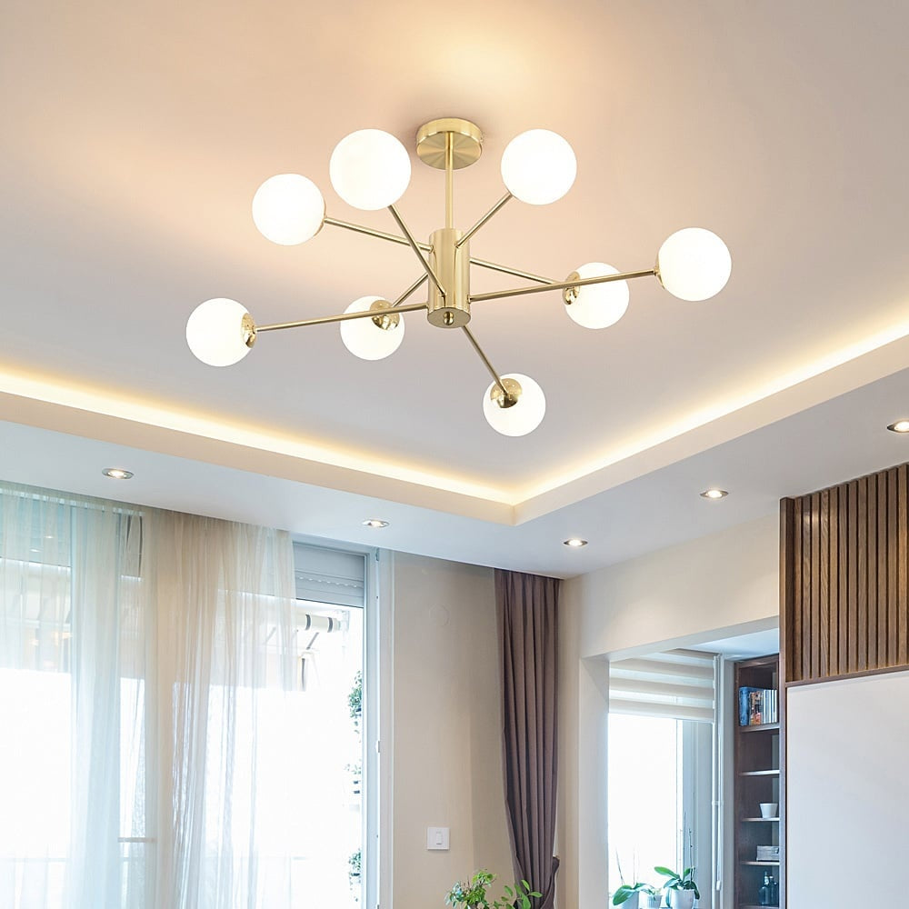 Gold with opal white glass detail on Dorado Eight-Light Ceiling Light — Gold & Frosted Glass