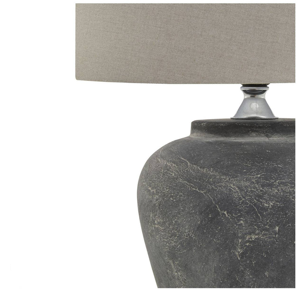 Close-up of handcrafted grey ceramic base on Amalfi table lamp