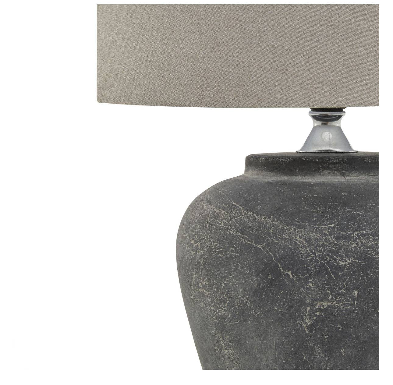 Close-up of handcrafted grey ceramic base on Amalfi table lamp