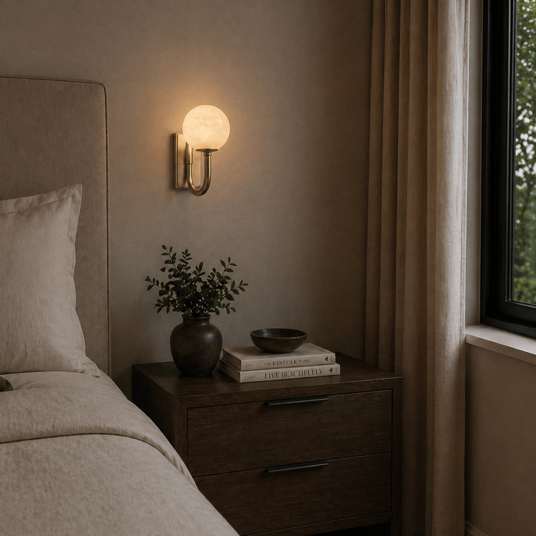 Alabaster globe wall light in antique brass lit beside a bed at dusk