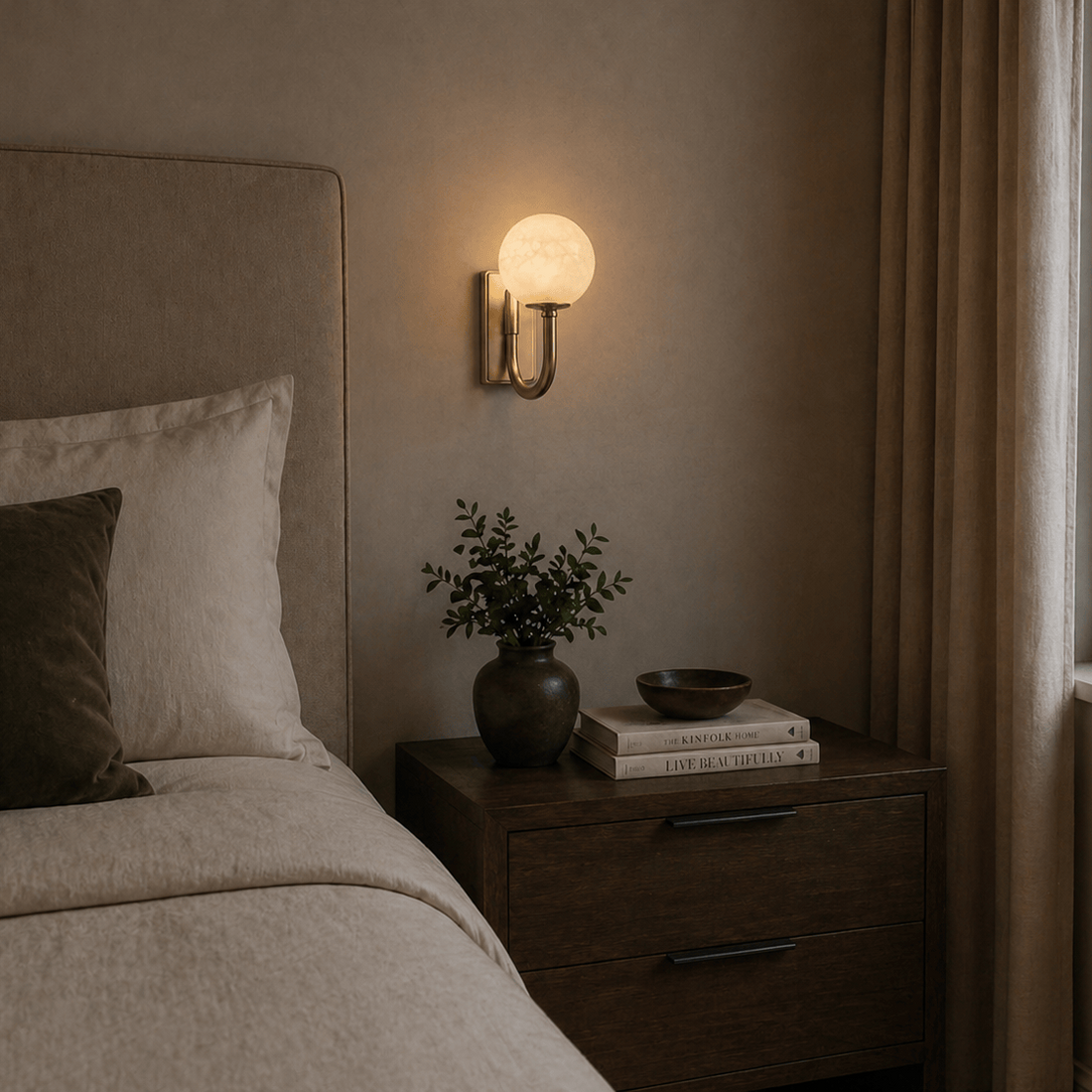 Alabaster globe wall light lit beside an upholstered bed at night