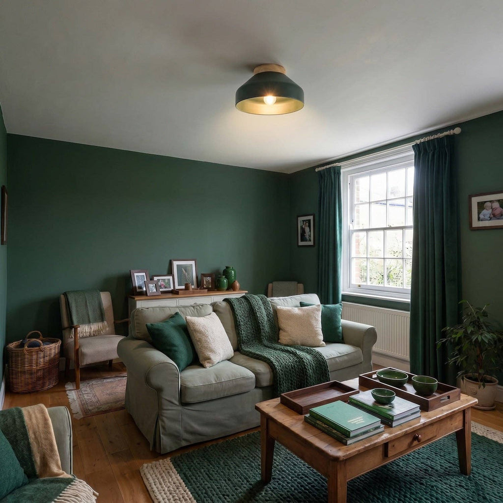 Oslo Semi-Flush Ceiling Light — Forest Green, Wood Base
