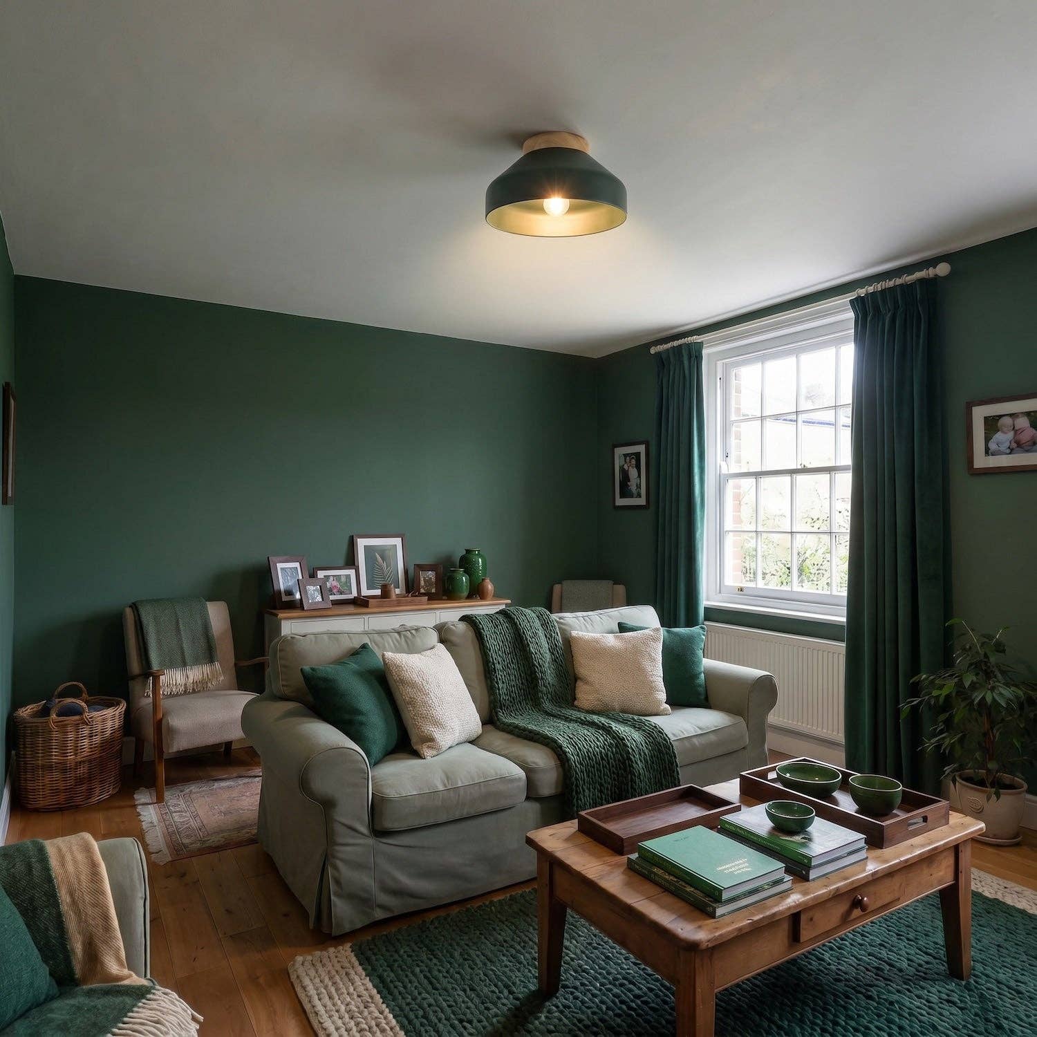 Oslo Semi-Flush Ceiling Light — Forest Green, Wood Base